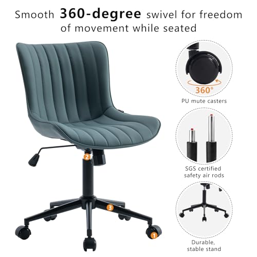 Image of YOUNIKE Office Desk Chair with Wheels Armless Vanity Chair Greyish Green | Faux Leather Upholstered with Rocking Back, Swivel Height Adjustable Small Cute Computer Rolling Task Chair Ergonomic 300lb