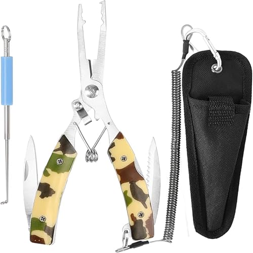 SYGELER Fishing Pliers, Stainless Steel Multifunctional Fish Pliers, Camouflage Fishing Tool with Hook Remover, Sheath and Lanyard, Gifts for Men