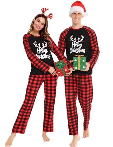 SWOMOG Matching Couples Christmas Pajamas Set Women & Men Plaid Pants Loungewear and Printed Long Sleeve Pjs Top2