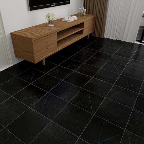 Black Peel and Stick Vinyl Floor Tiles, Self Adhesive Waterproof Vinyl Flooring Planks for Batheroom Kitchen Dining Room Bedrooms,20-Pack 12 x 12 inch Cover 20 Sq. F(Mable Black)