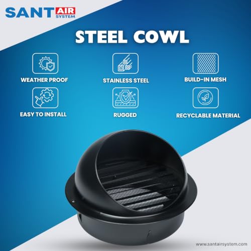 Image of SS304 Stainless Steel External Wall Vent Cowl, Black 200mm (8 Inch) Weatherproof Exhaust Cover with Built-in Bird Mesh for Chimneys, Kitchen Hoods & Inline Ducting
