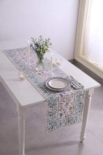 Image of Ravaiyaa - Attitude is everything Cotton Hand Block Printed Table Runner Bed Runner Table Decor (Grey & White Floral)