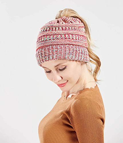 ALXDR BeanieTail Soft Stretch Cable Knit Messy High Bun Ponytail Beanie Hat para Mujeres niñas,C