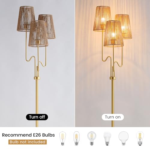 Image of Boho Floor Lamp, 68in. Rattan floor lamp with Natural Woven Shade, Rustic Standing Lamp for Coastal, Beach or Bohemian Style Decor, E26 Socket, On /Off Footswitch Lamp for Living room, Bedroom (Gold)