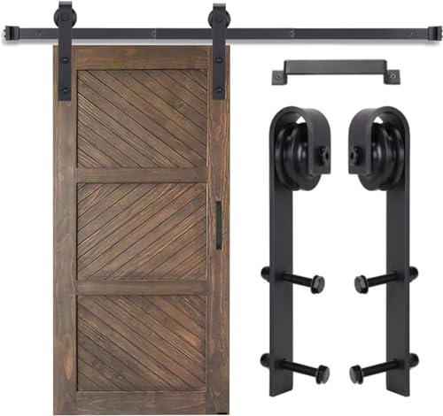 EGTink Juego de herrajes para puerta corredera de 183 cm con tiradores, sistema de puerta corredera de acero al carbono, juego completo, riel guía y riel para puerta corredera individual (forma J)