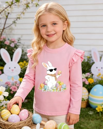 Image of Tkria Toddler Girls Happy Easter T-Shirt Bunny Eggs Ruffle Long Sleeve Shirt Kids Tee Top 2-7T