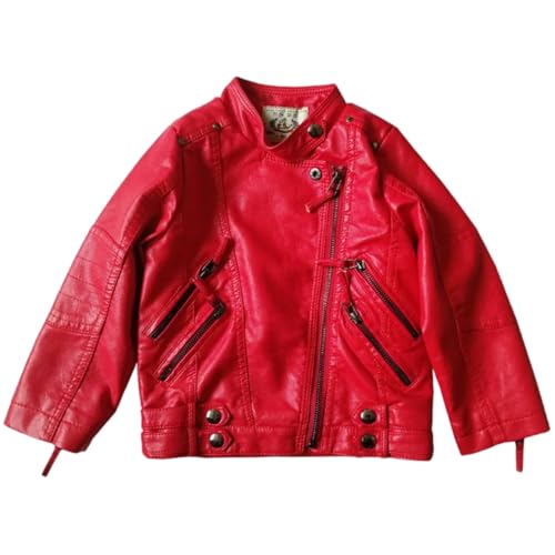 Lengender Veste en Simili Cuir Enfant Fille Manteau Courte PU Cuir Jacket Blouson Motard Hiver Automne (Rouge, 120)