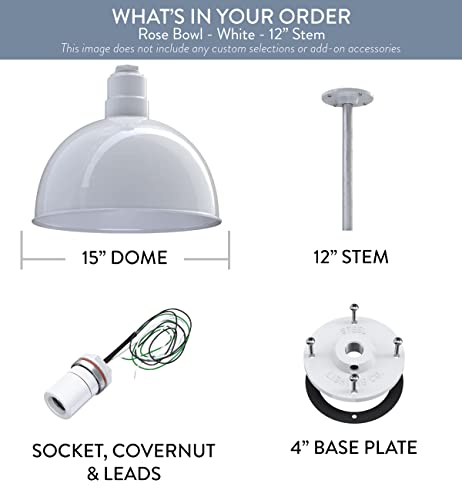 Steel Lighting Co. Rose Bowl Pendant | Ceiling Mounted Light | 15 Inch Dome | 12 Inch Stem | Heavy Duty Steel Farmhouse Barn Style Made In America | White Exterior/White Interior #TOP5