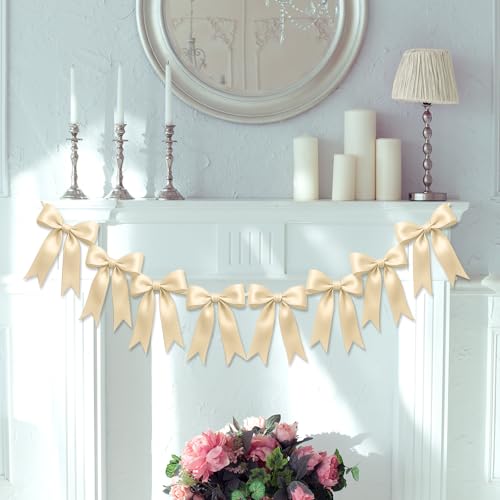 Image of 1 String of 8PCS Champange Bow Garland Banner Decoration,Pre-Strung Satin Ribbon Ornaments for Birthday,Bachelorette Party,Bridal Shower,Wedding,Engagement,Baby Shower,Graduation Decor,Anniversary