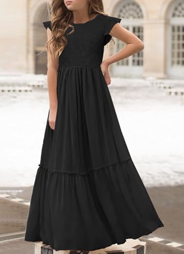 Image of MITILLY Girls Lace Flower Ruffle Sleeve A-Line Swing Wedding Party Maxi Dress with Pockets