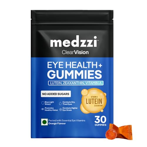 Image of Eye Gummies by medzzi Clear Vision | Lutein & Zeaxanthin Supplement for Eyes | With Bilberry, Lycopene & Vitamins A, C, E | Reduces Digital Strain and Fatigue from High Screen Time | Orange Flavour | 30 Veg Gummies