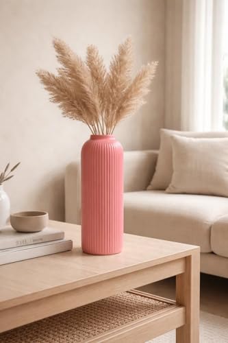 Image of SPHINX Ribbed Pipe Ceramic Vase, Flower Vase, Pampas Grass Vase, Vase for Money Plant Live Plants for Home, Office, or Gifts NO Flowers- (Glossy Pink, 9 Inch)