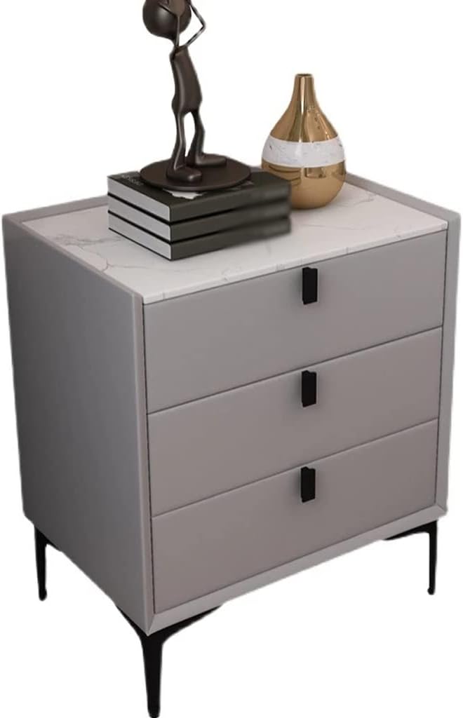 Chevet Faux Cuir Bois Massif Pour Chambre Coucher avec tiroirs Meuble Lateral a Surface Rock