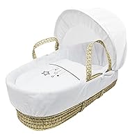 Kinder Valley Embroidered White Wish Upon A Star Palm Moses Basket with Full Bedding Set, Adjustable Hood, Fibre Mattress and Padded Liner