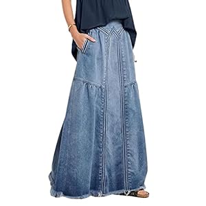 CHARTOU Women’s Retro Elastic High Waist Frayed A-Line Maxi Denim Skirt with Pockets