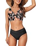 Limeeke Conjunto de bikini de cintura alta para mujer, traje de baño de dos piezas con cordones y lazo en la espalda, Negro Floral, M