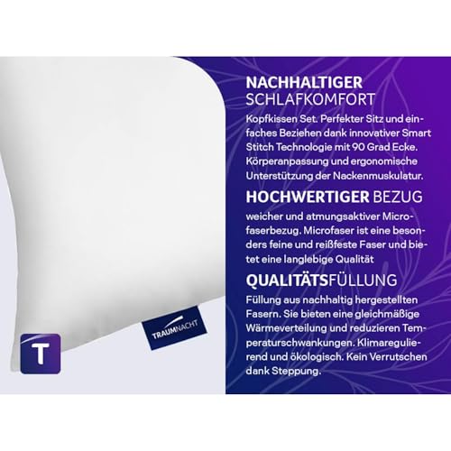 Traumnacht Green Kopfkissen-Set bestehend aus zwei Kopfkissen 40 x 80 cm, nachhaltiges Kissenset mit Bezug aus Microfaser, produziert nach deutschem Qualitätsstandard