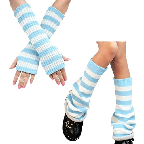 DUOJINSANXI Jambières rayées à tricot pour filles medium bleu blanc