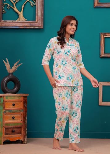 Image of Women Cotton Relaxed Fit Fit and Flare Suit | Printed Night Suit | Half Sleeve Co-Ord Set