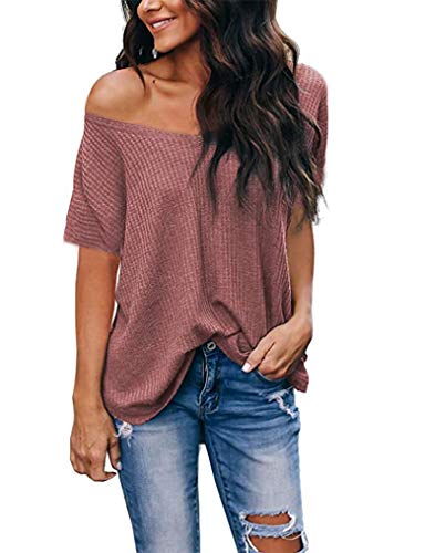 LuckyMore Womens Casual Summer Shirts Short Sleeve Loose Off The Shoulder Tops Rust Red XXL