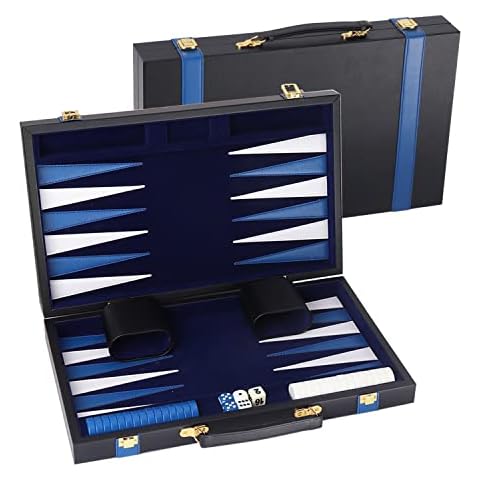 GSE Premium Leather Backgammon Board Game Set, Classic Backgammon Game Set with Leather Case, Travel Folding Board Game (Black&Blue, Medium) Cover