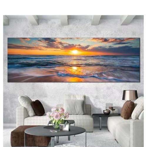 Peinture sur toile paysage marin grand format 50x150cm image moderne coucher de soleil sur la plage