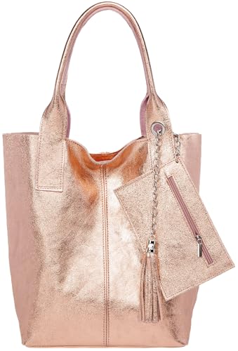 Caspar große Wildleder Shopper Schultertasche schlichte Damen Leder Handtasche mit stylischer Metallkette & kleiner Zusatztasche - CLASSIC LINE - Modell No.828 - Made in Italy, Farbe:roségold metallic