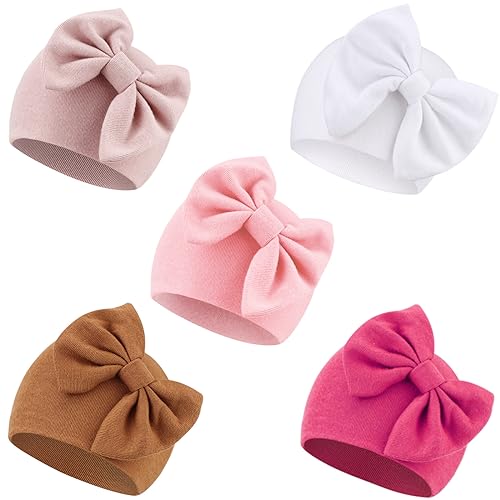 Image of AQOKKA Newborn Baby Girl Hats with Bow Cotton Toddler Infant Beanie Cap Newborn Hospital Hats for Baby Girl Kid 0-24 Months