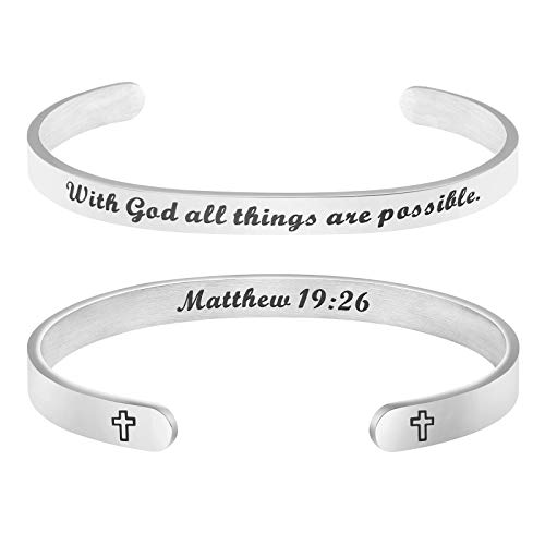 MEMGIFT with God All Things are Possible Inspirational Bracelet for Women Christian Scripture Engraved Metal Cuff Bangle
