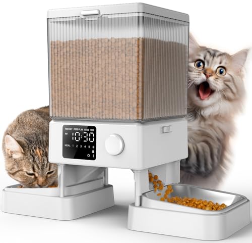 oneisall 5L Futterautomat Katze 2 Näpfe, Katzenfutter Automat mit einem Knopf, Einfache Bedienung, Futterspender für Katzen/Hunde, mit...