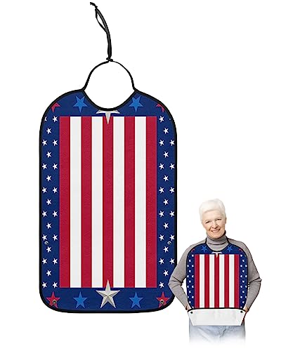 Kewadony Adult Bibs for Elderly Women - 4th of July Waterproof Dining Clothing Protectors with Crumb Catcher for Eating/Feeding, American Flag Red Striped Star Independence Day Terry Cloth Bib
