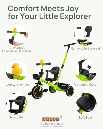 Image of KRIDDO 2-in-1 Tricycle for Toddlers 1.5-5 Years, Push Tricycle with Parent Steering & Detachable Handle, 9-Stage Adjustable Handlebar, Toddler Trike with Safety Belt, Clutch Pedals & Dual Baskets, GN