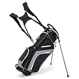 GYMAX Golf Stand Bag, 14 Way Golf Bag with 6 Pockets, Dual Shoulder Strap and Rain Hood, Lightweight Portable Golf Clubs Bag for Men Women (Grey)