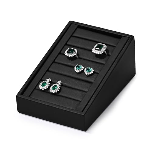 Papten Premium Ring Display Stand Rings Tray Holder Small Ring Organizer Case PU Leather Rings/Earrings Stand Bearer(Black)