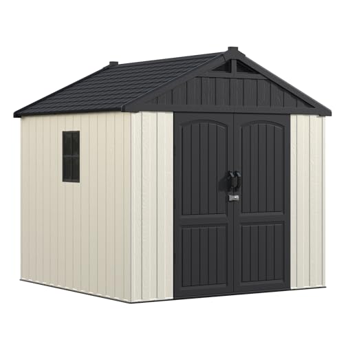 Image of Greesum 8x8FT Plastic Outdoor Storage Shed with Floor, Resin Sheds, Beige | Easy to Assemble Kick-it Shed| Eco-Friendly HDPE Material| 35% Fewer Screws| Lockable Doors with DIY Window & Multiple Vents
