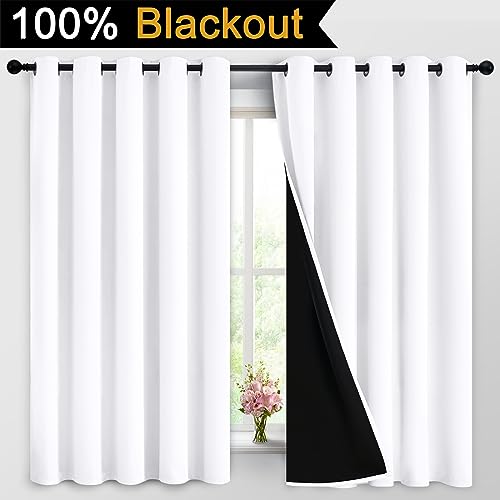 Image of Yakamok Pure White 100% Blackout Curtains 63 Inches Long 62 inch Wide 2 Panel | Blackout Curtain Panels for Bedroom, 2 Thick Layers Grommet Top Thermal Insulated Drapes with Black Liner for Living Room