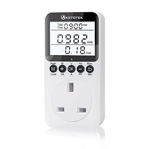 KETOTEK Power Meter Plug Electric Usage Monitor, Energy Monitor with Backlight LCD Display, Voltage Amps Watt KWH Consumption Monitor, 2900W/13A Overload Protection