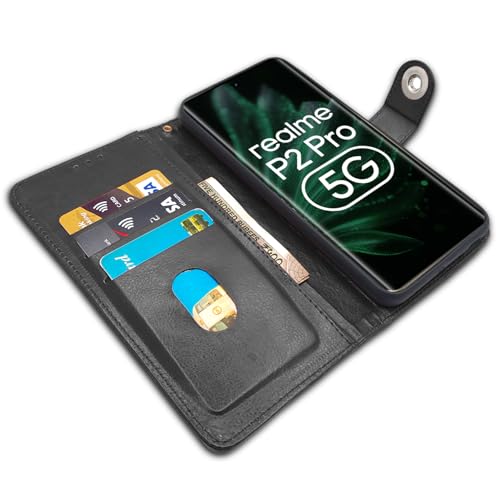Image of Pikkme Flip Cover Leather Finish | Inside TPU with Card Pockets | Wallet Stand and Shock Proof | Complete Protection Button Flip Case for Realme P2 Pro 5G (Black)