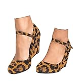 Coutgo Womens Wedge Pumps Dressy Mary Jane Shoes Comfort Wedges Closed Toe Ankle Strap Heeled Shoes Leopard
