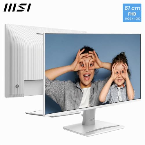 MSI PRO MP243WA E14 24-Inch FHD Computer Monitor, 1920x1080 IPS, 144Hz, 1ms, HDR Ready, Adaptive Sync, Eye Care, Built-in Speaker, HDMI 1.4b, DP 1.2a, Frameless, Tilt Adjustable, Vesa Mount, White