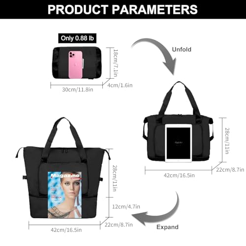 Image of Large Capacity Folding Travel Tote Bag, Oxford Fabric Waterproof Lightweight Foldable Travel Duffel Bag, Portable Expandable Travel Bag, Dry and Wet Separation Carry On Bag for Airplanes (Black)