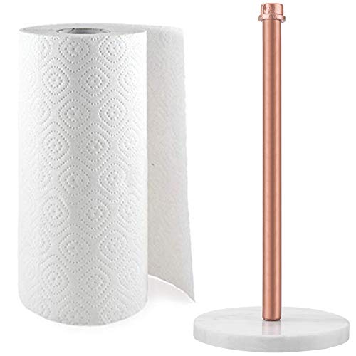 Mygift Copper Tone Metal Industrial Pipe Paper Towel Holder Countertop With Round White Marble Base, Kitchen Upright Paper Towel Dispenser Rack #TOP22