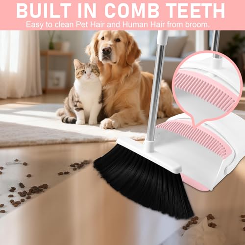Image of Broom with Dustpan Combo Set for Home, 52-in Long Adjustable Handle Angle Broom and Dustpan Set with Dustpan Comb Teeth for Sweeping Pet Hair Food Dirt Kitchen (White-Pink)