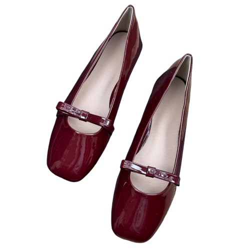 INEELUYI Women's Lacquer Leather Square Head Small Bow Decoration French Ballet Style Mary Jane Retro Single Shoes