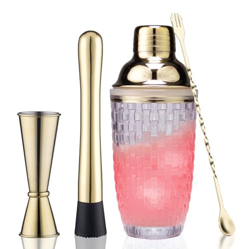 FayuuGem Cocktail Shaker Set - Includes Measuring Jigger, Mixing Spoon and Muddler with 13oz Glass Martini Shaker Bottle Stainless Steel Bar Tools (Gold Set)