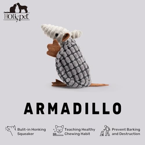 Image of Hollypet Plush Dog Squeaky Toy Stuffed Armadillo Animal Pet Puppy Chew Toys with Clean Teeth for Small Medium Large All Breed Sizes Dogs, Dark Gray, 6 in