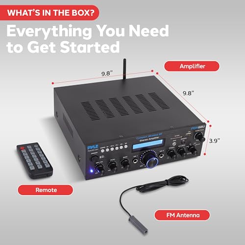 Pyle Wireless Bluetooth Power Amplifier System- 200W Dual Channel Sound Audio Stereo Receiver w/ USB, SD, AUX, MIC in w/ Echo, Radio, LCD, for Home Theater Entertainment via RCA, Studio Use- PDA6BU.7 7 41VyUD4TMTL