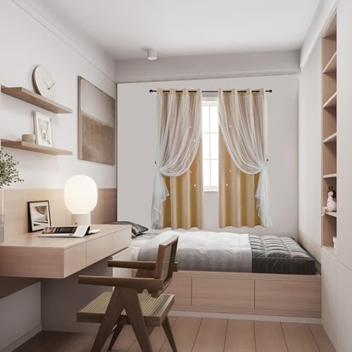 Image of indistar Star Cutout Kids Window Blackout Curtains for Girl Bedroom Window Room Darkening Curtains & Drapes Baby Nursery Curtains (2 Panel, 52W x 95L inch,Beige)