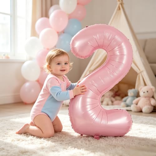 Image of TONIFUL 40 Inch Pastel Pink Number Balloon Balloon Big Pink Digital Balloon for Girl's Birthday Party Wedding Bridal Shower Engagement Anniversary Photo Shoot Supplies（Number 2）