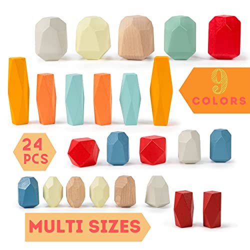 Problocks 24 Pcs Wooden Stacking Stones Game Colored Rainbow Large Small Blocks Montessori Preschool Learning Toys Sorting Balancing Rocks Set For Kids 3 Year Old And Up #TOP3